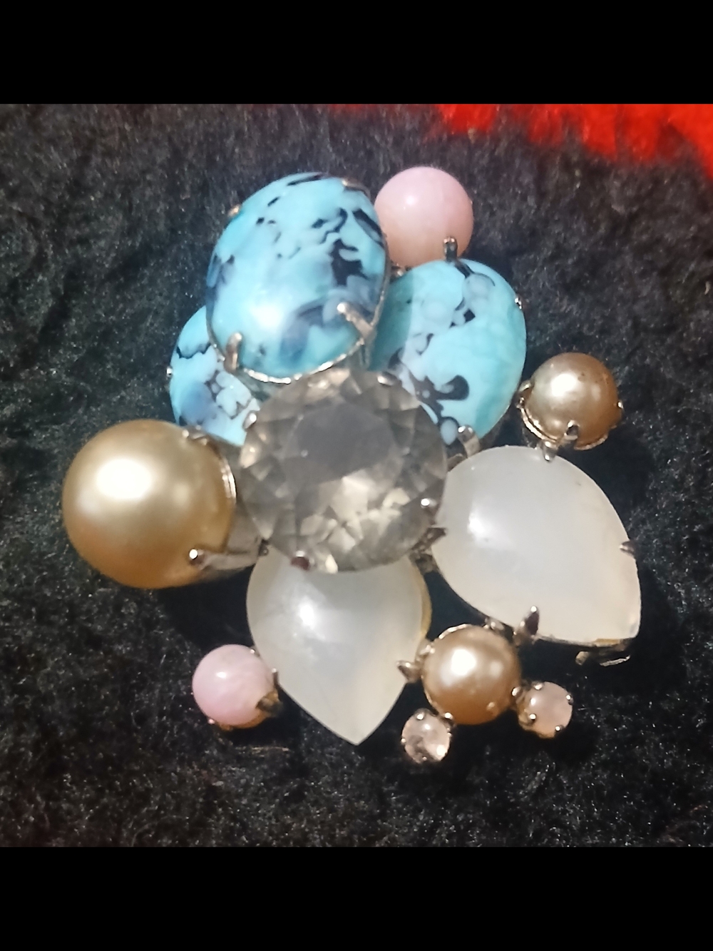 Multi-Stone Cluster Brooch — Blue, Pearl & Pink Accents